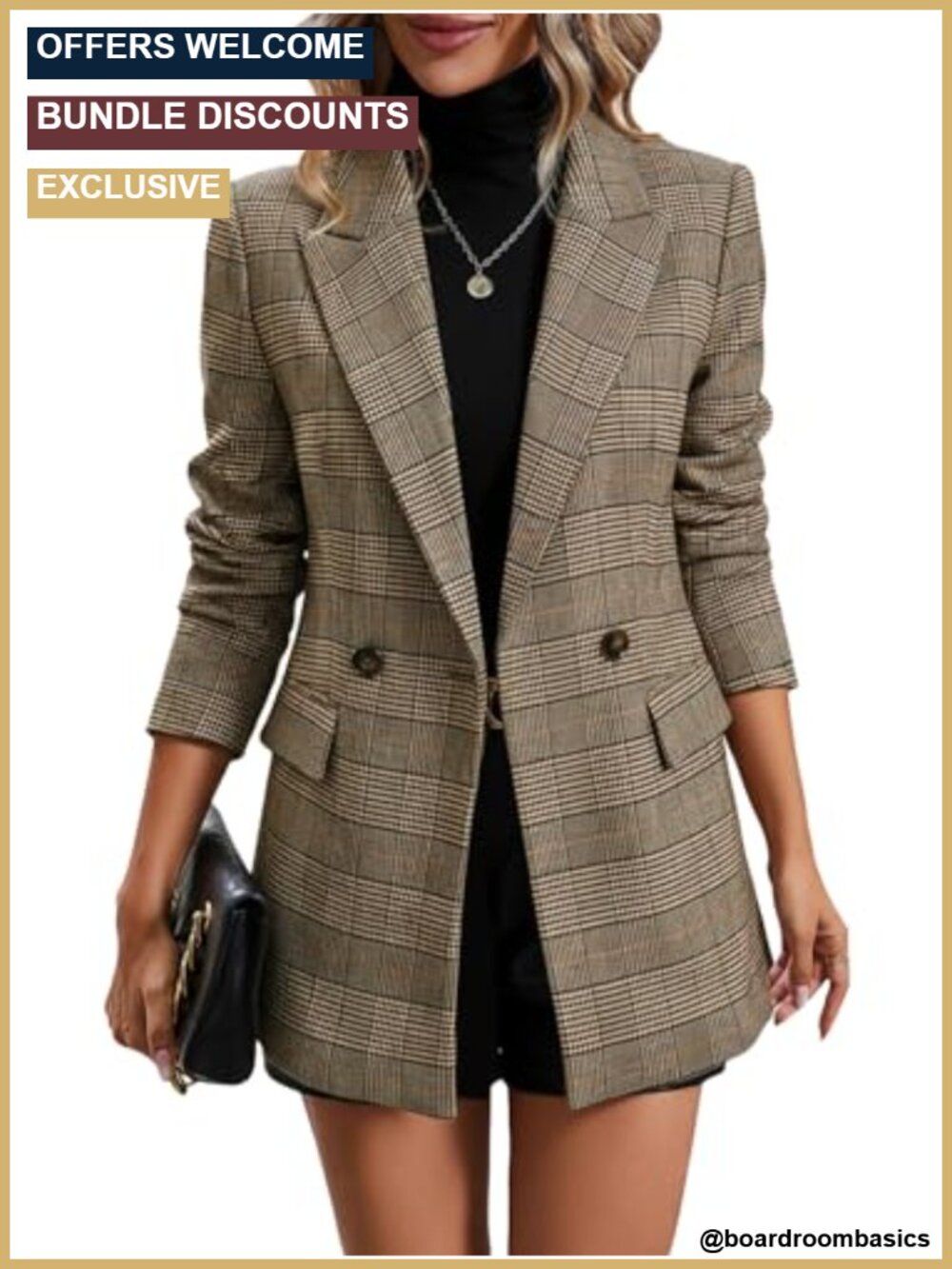 Plaid Blazer Houndstooth Business Casual Double Breasted Women's
